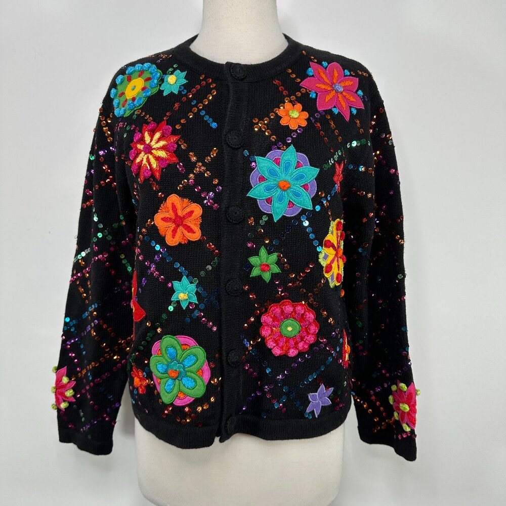 Berek Women’s Floral Button Front Black Cardigan Size L Sequins Embellished Vtg